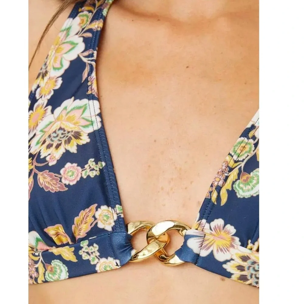 NWT Shoshanna Bikini Top Navy Multi‎ Floral Ring Triangle Halter Womens Size C